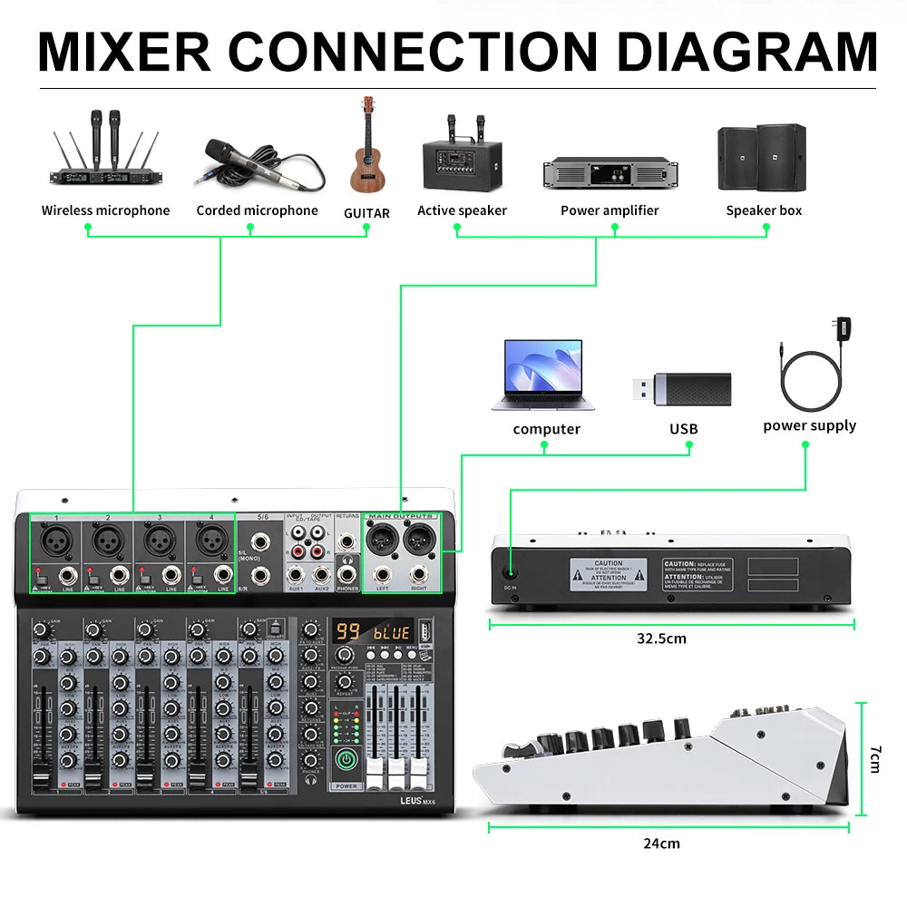LEUS MX6 99‑Channel Bluetooth Audio Mixer