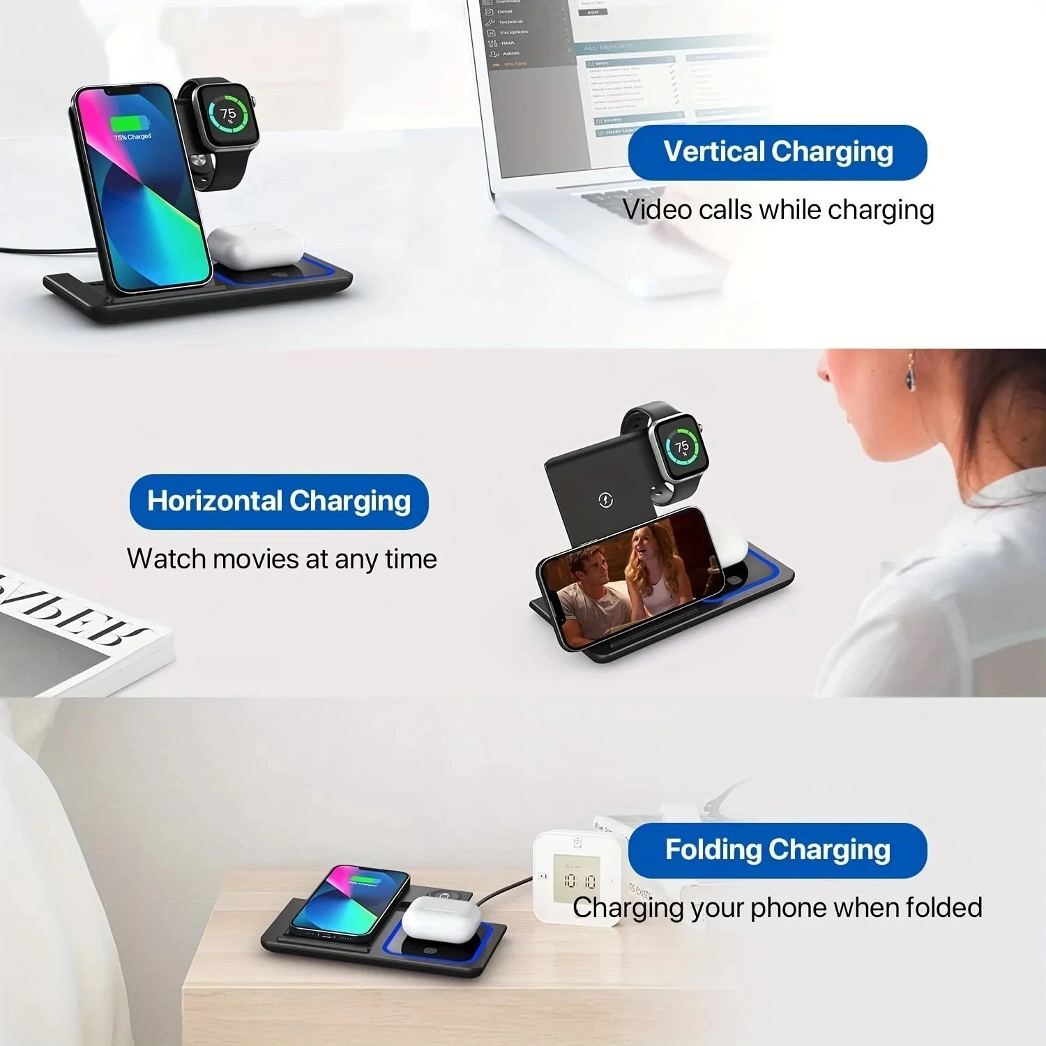 30W 3-in-1 Foldable Wireless Charging Station for iPhone, Apple Watch & AirPods