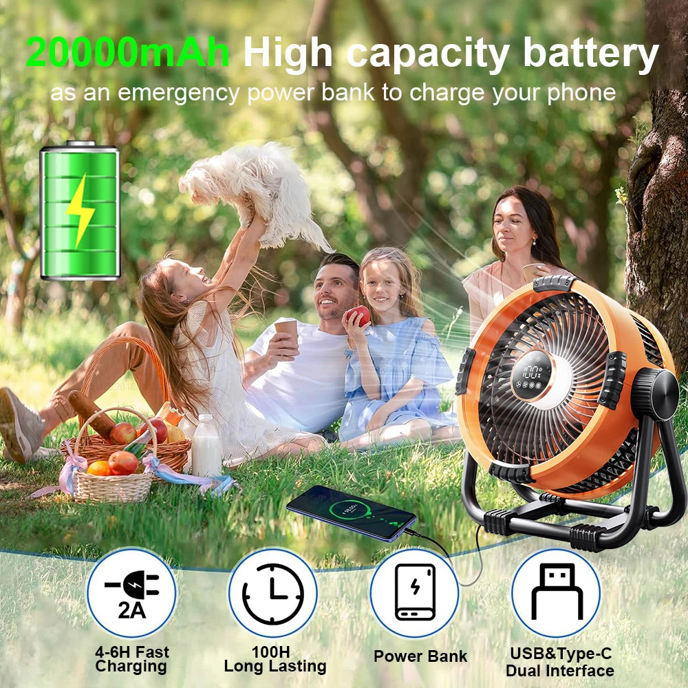 20,000mAh Rechargeable Camping Fan with Light & Hook