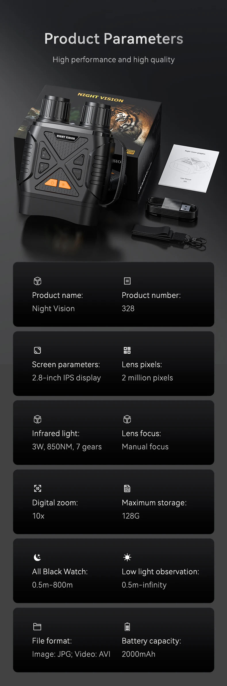 1080P Digital Night Vision Binoculars – 10x Zoom, Infrared, 800m Range