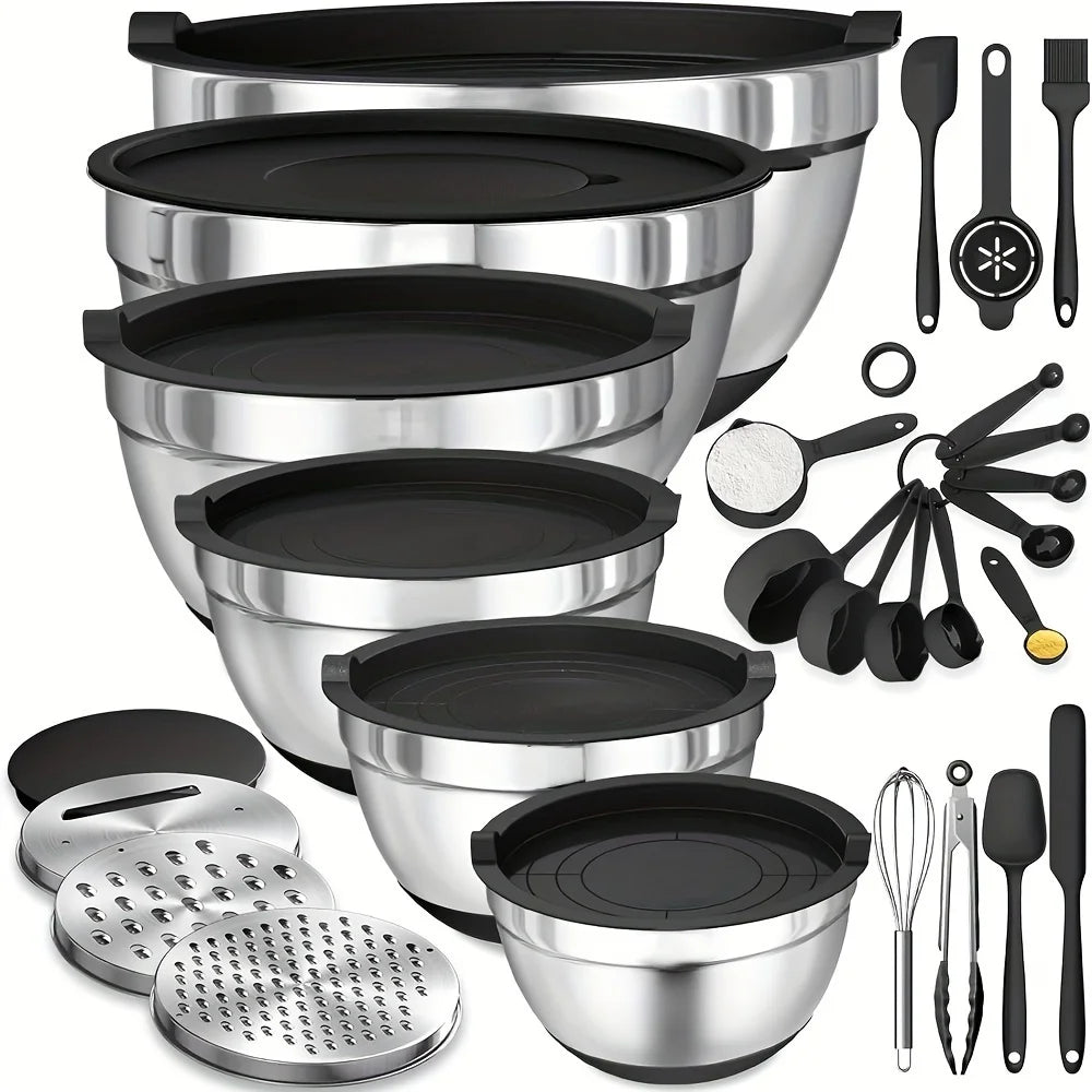 17-Piece Mixing Bowl Set – Stainless Steel with Lids & Graters