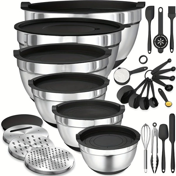 17-Piece Mixing Bowl Set – Stainless Steel with Lids & Graters